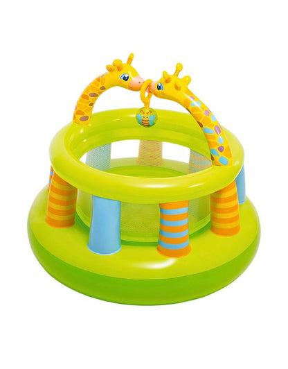 Intex 48474NP Inflatable Mesh Wall Gym with green base, colorful pillars, and giraffe design