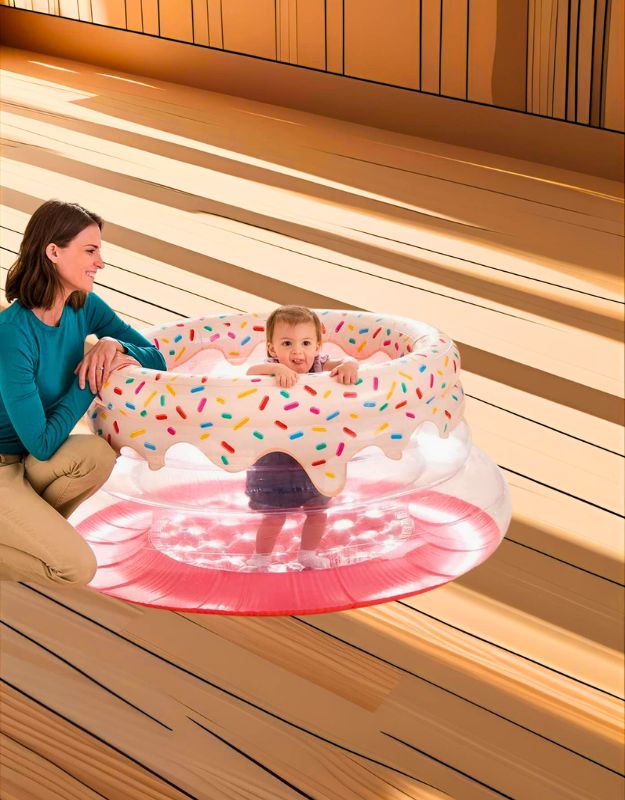 Baby inside Intex 48476 My First Gym inflatable play gym, supervised by mother, donut-style with sprinkles