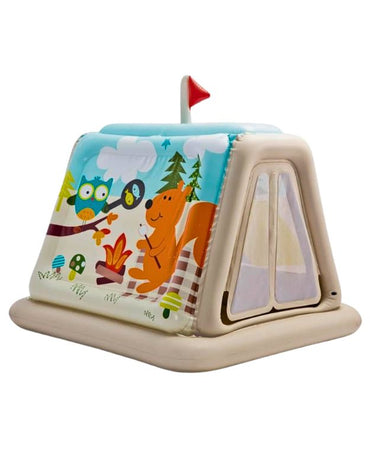 Back view of Intex 48634NP Animal Trails Inflatable Play Tent featuring forest animal prints and campfire illustration