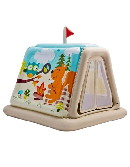 Back view of Intex 48634NP Animal Trails Inflatable Play Tent featuring forest animal prints and campfire illustration