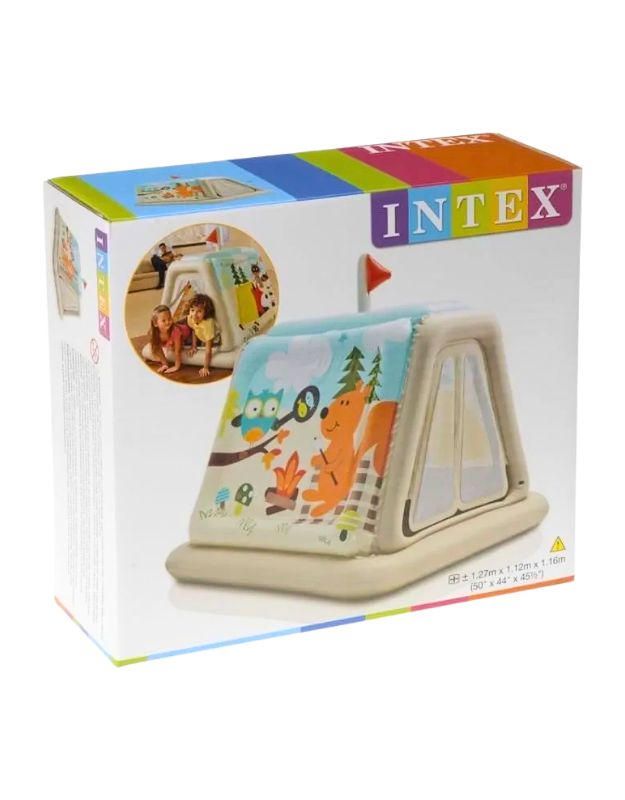Retail packaging of Intex 48634NP Animal Trails Indoor Inflatable Play Tent showing dimensions and product design