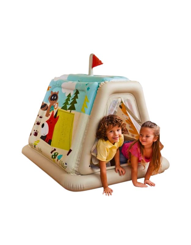 Two kids crawling out of the Intex 48634NP Animal Trails Indoor Inflatable Play Tent with colorful animal graphics