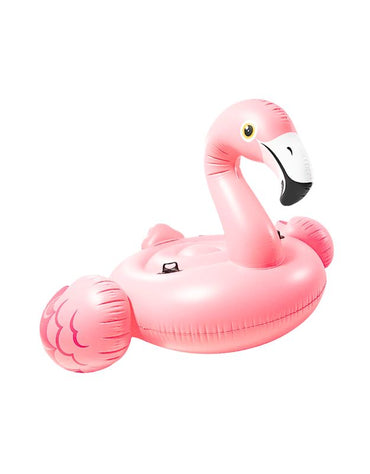 Large pink flamingo inflatable pool float with handles, shown isolated on a white background