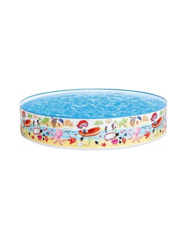 Empty Intex 56451NP Trees Snap Set Pool filled with water showing cartoon pirate design