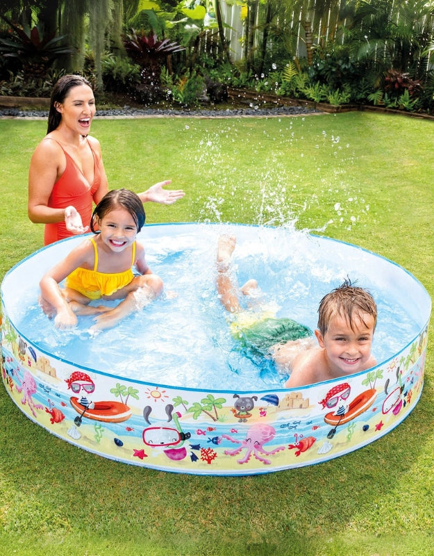 Children splashing and playing in Intex 56451NP Trees Snap Set Pool outdoors with parent