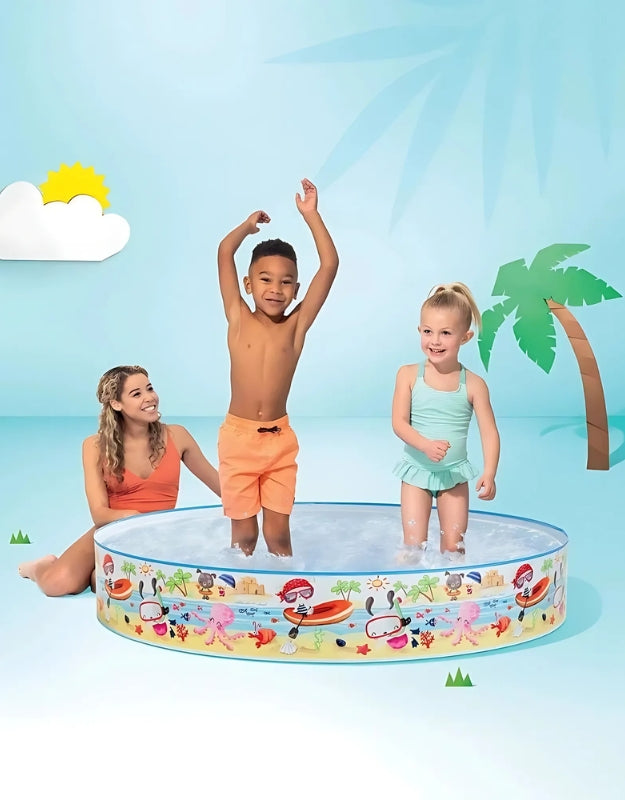 Kids enjoying Intex 56451NP Trees Snap Set Pool with colorful cartoon sea life design