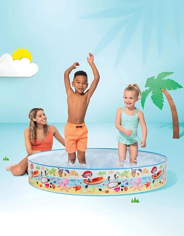 Kids enjoying Intex 56451NP Trees Snap Set Pool with colorful cartoon sea life design