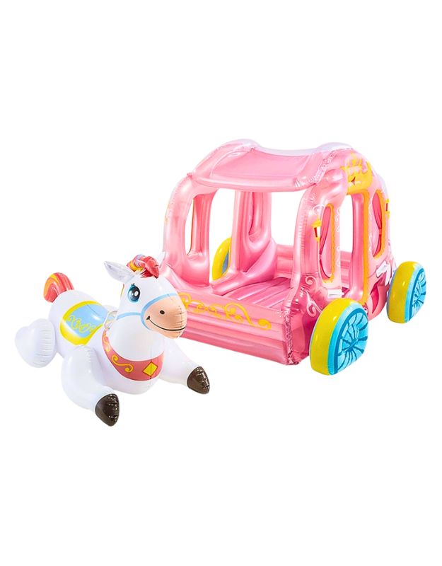 Intex 56514NP pink inflatable stroller carriage with unicorn float, side view.