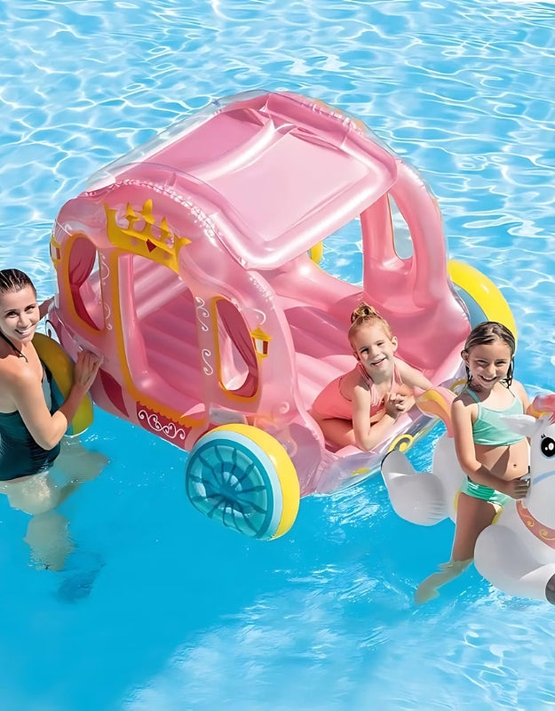 Kids enjoying in the pool with Intex 56514NP pink inflatable stroller carriage and unicorn float