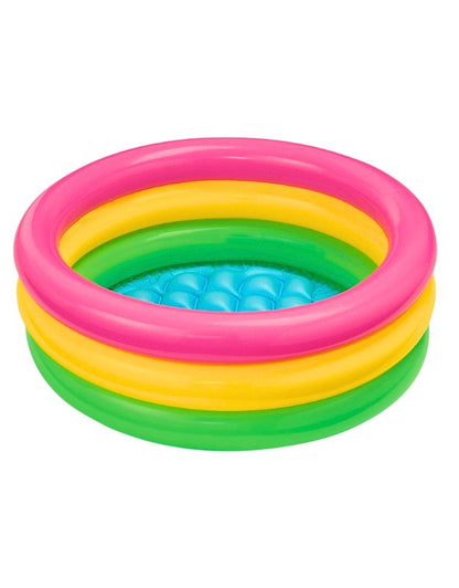 Intex 57107NP multicolor inflatable pool with three rings (pink, yellow, green) and blue cushioned base