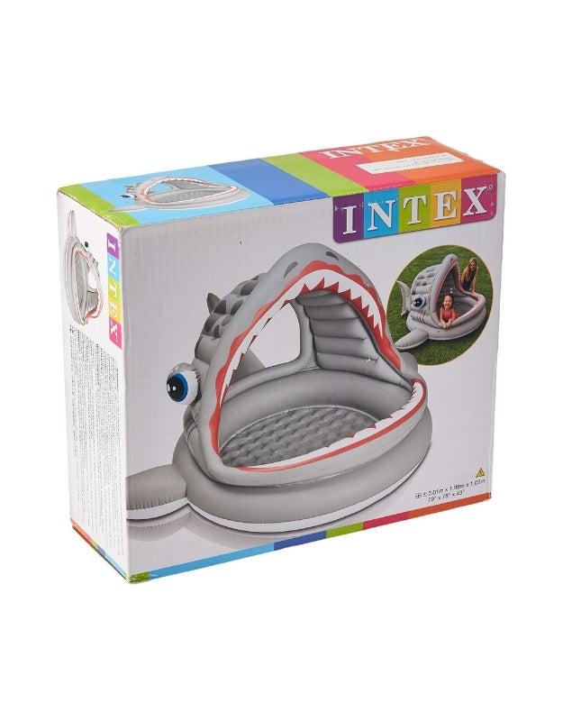 Retail packaging box of Intex 57120NP Roarin Shark Shade Pool 201x198x109cm with product image and branding.