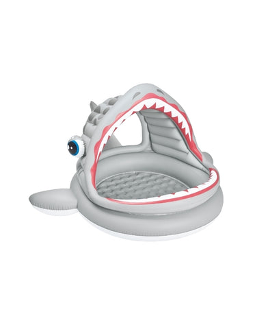 Inflatable Intex 57120NP Roarin Shark Shade Pool in shark design with wide open mouth and canopy shade.