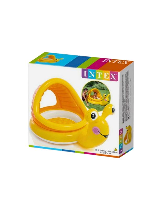 Box packaging of Intex 57124NP Lazy Snail Shade Baby Pool with product image and branding
