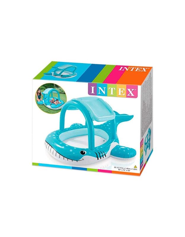 Retail box packaging of Intex whale-shaped baby pool with shade canopy, showing product image and branding