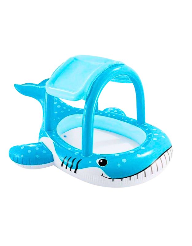 Inflatable Intex whale-shaped baby pool with built-in canopy shade, empty on white background.

