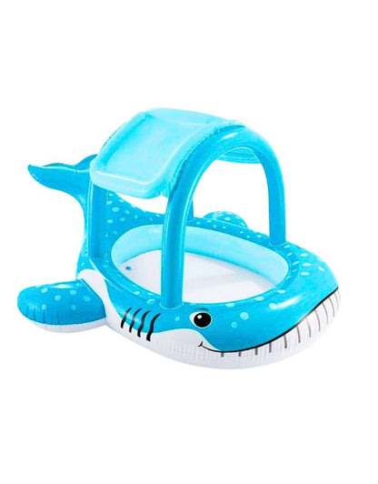 Inflatable Intex whale-shaped baby pool with built-in canopy shade, empty on white background.
