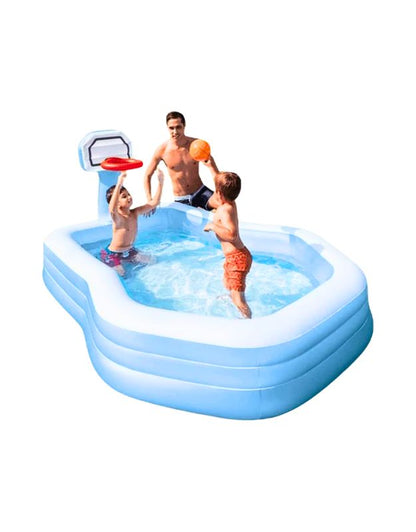 Father and children playing basketball in the Intex 57183NP Swim Center Shooting Hoops inflatable family pool filled with water.