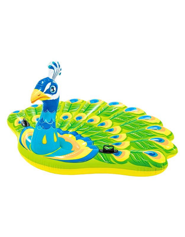 Intex 57250 inflatable peacock pool lounger mat in bright green, blue, and yellow with detailed feather design.