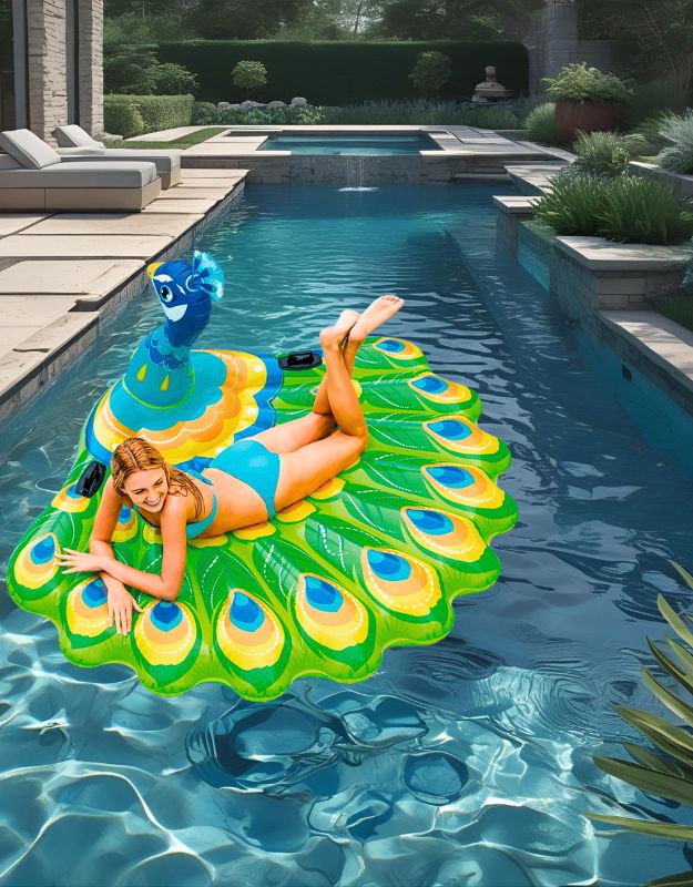 Woman relaxing on Intex 57250 inflatable peacock lounger mat in swimming pool.