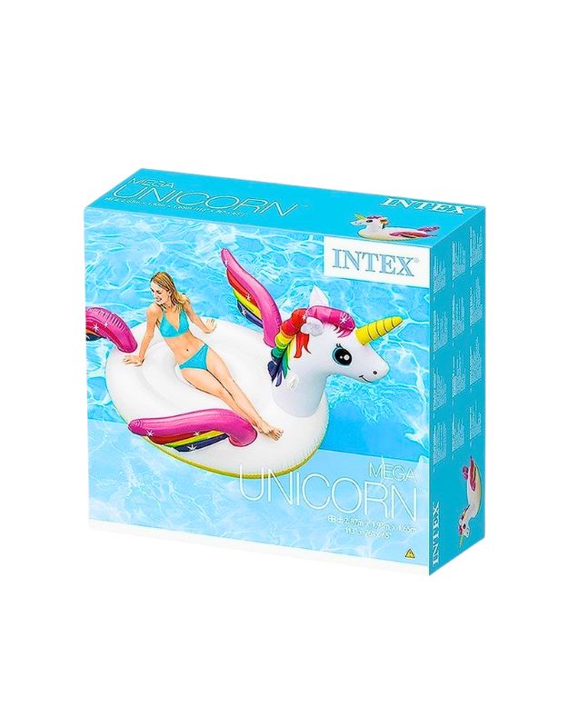 Intex inflatable unicorn packaging box showing mega unicorn float dimensions and design