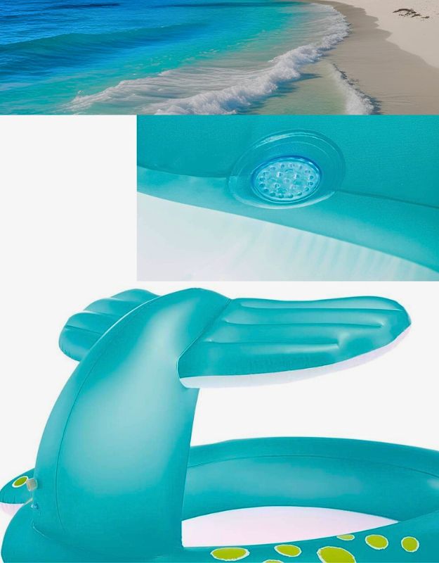 Close-up of water sprayer and back view of Intex Whale Spray Pool canopy.