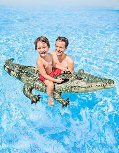 Intex 57551NP inflatable crocodile ride-on float with father and son in swimming pool
