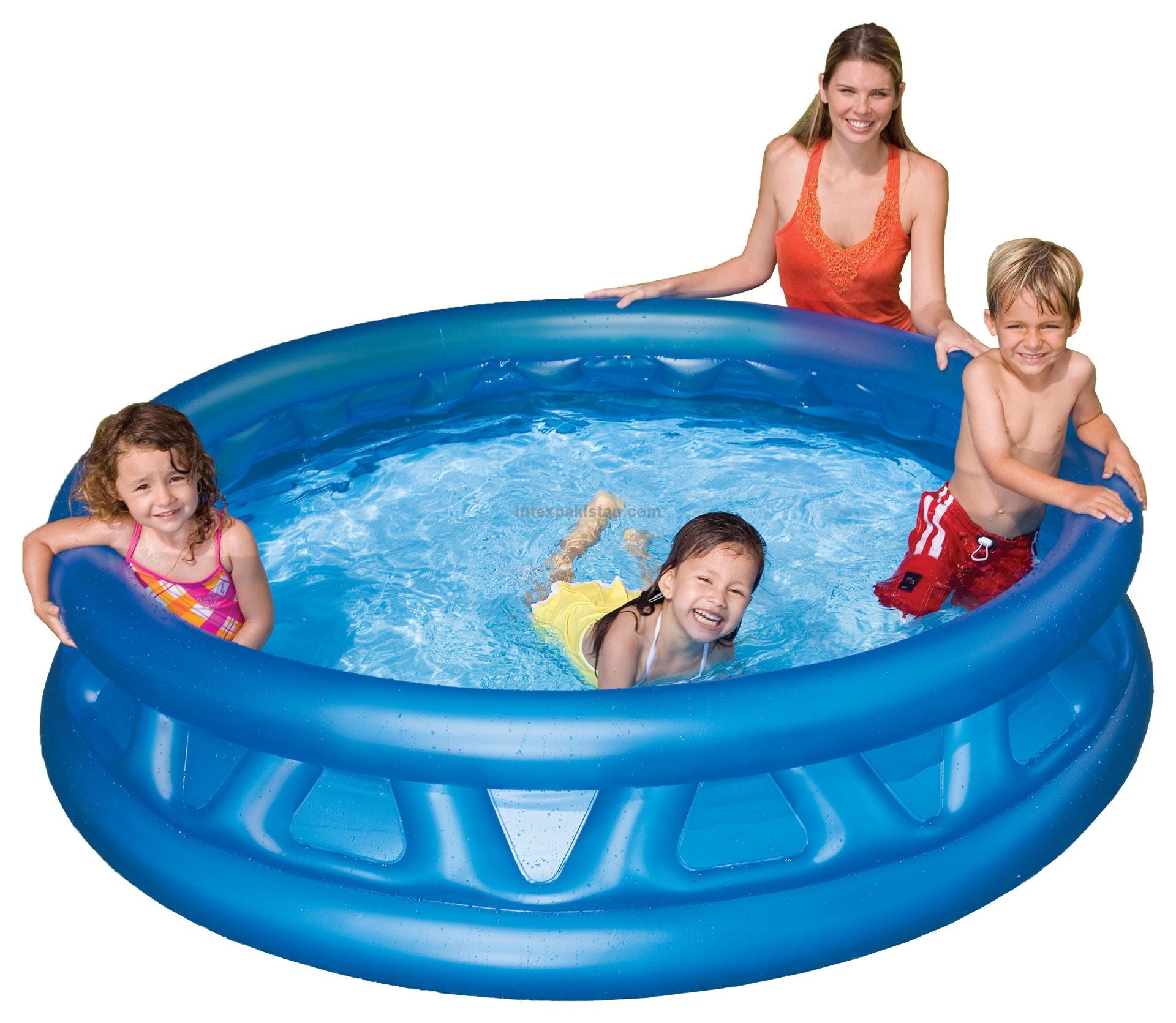 A family playing and relaxing in the Intex inflatable swimming pool on a lawn