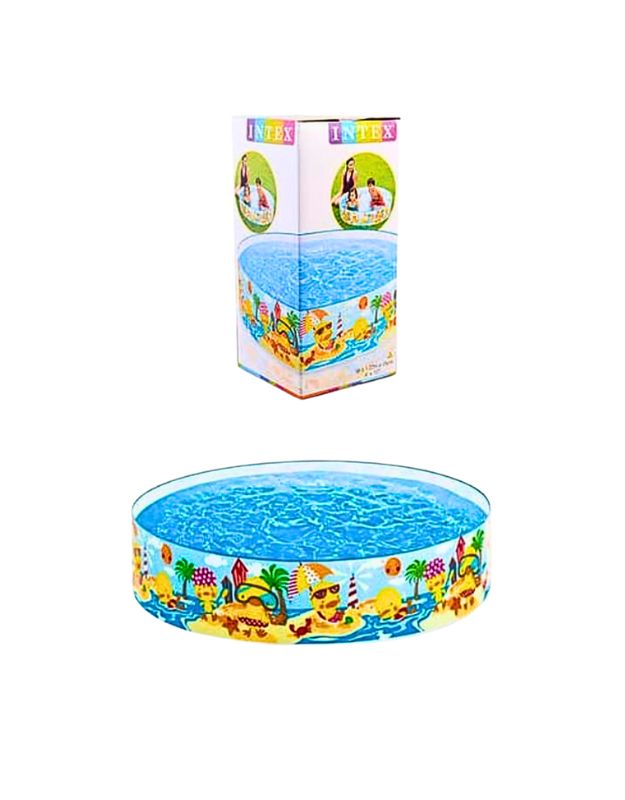 Packaged Intex 58477NP 122x25cm circular inflatable kids pool with cartoon duck print shown in retail box