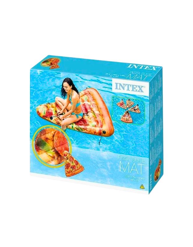 Retail box of Intex inflatable pizza slice mat showing product images and dimensions 145x175cm
