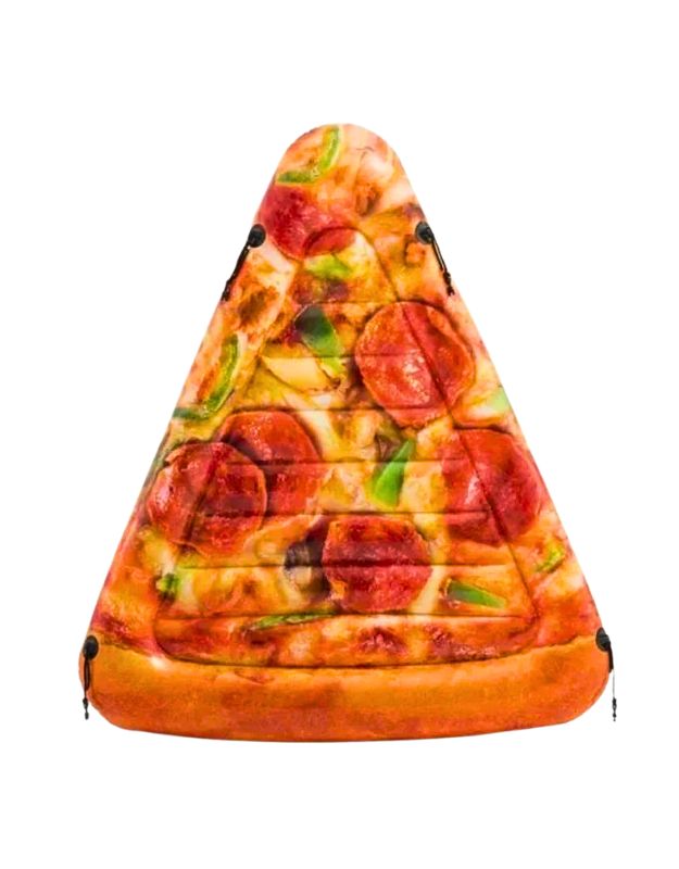 Close-up of inflatable pool float shaped like a realistic pizza slice with pepperoni and vegetables.