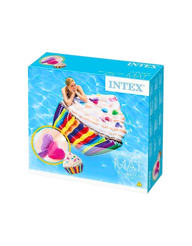 Packaging box of Intex 58770EU inflatable cupcake float with rainbow wrapper and heart toppings