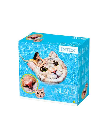 Retail packaging of the Intex 58784EU hyperrealistic cat face inflatable pool mat with handles, showing product design and branding.
