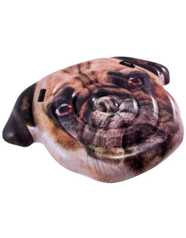 Intex inflatable pool mat featuring a realistic pug dog face design, equipped with side handles.