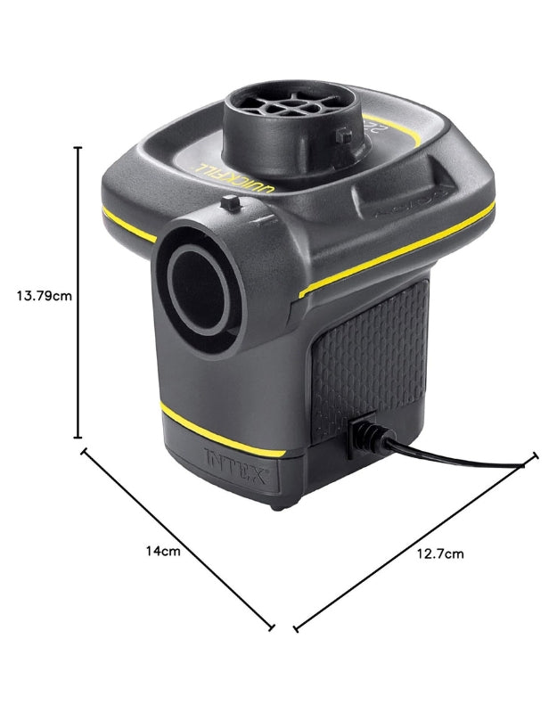 Intex 66634 electric air pump with size dimensions 13.79 x 14 x 12.7 cm