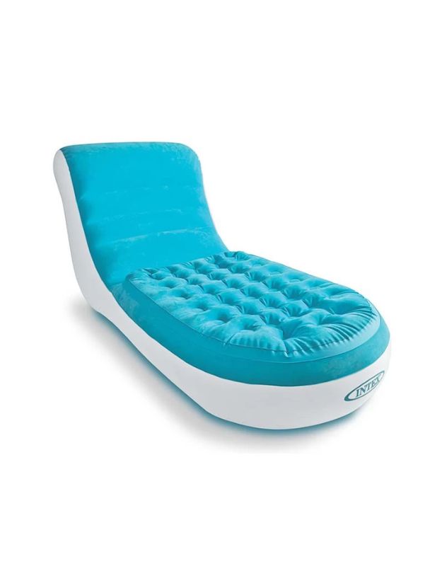 Intex inflatable blue and white chaise lounge chair product photo.