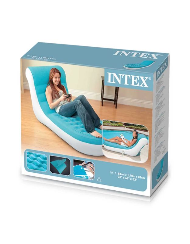 Retail packaging box of Intex inflatable chaise lounge chair with product images.