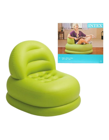 The green Intex inflatable mode chair next to its product box