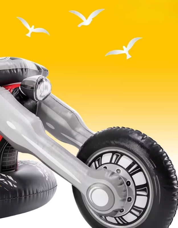 A high-angle shot of the inflatable Intex Cruiser Motorcycle float