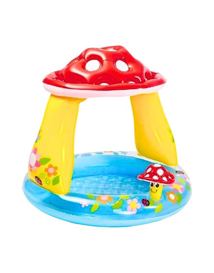 Intex mushroom baby pool with a red sunshade.
