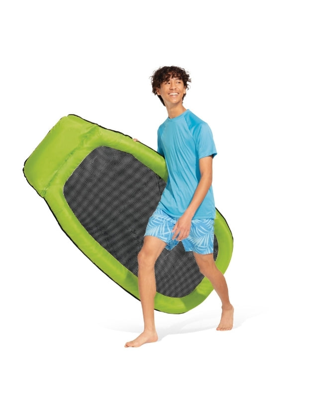 A person carrying the lightweight Intex green pool recliner.