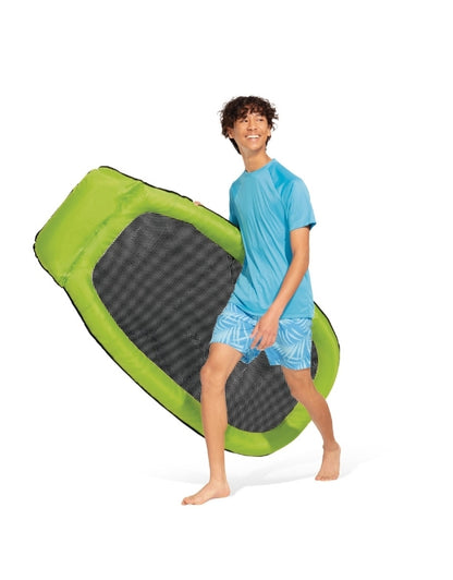 A person carrying the lightweight Intex green pool recliner.