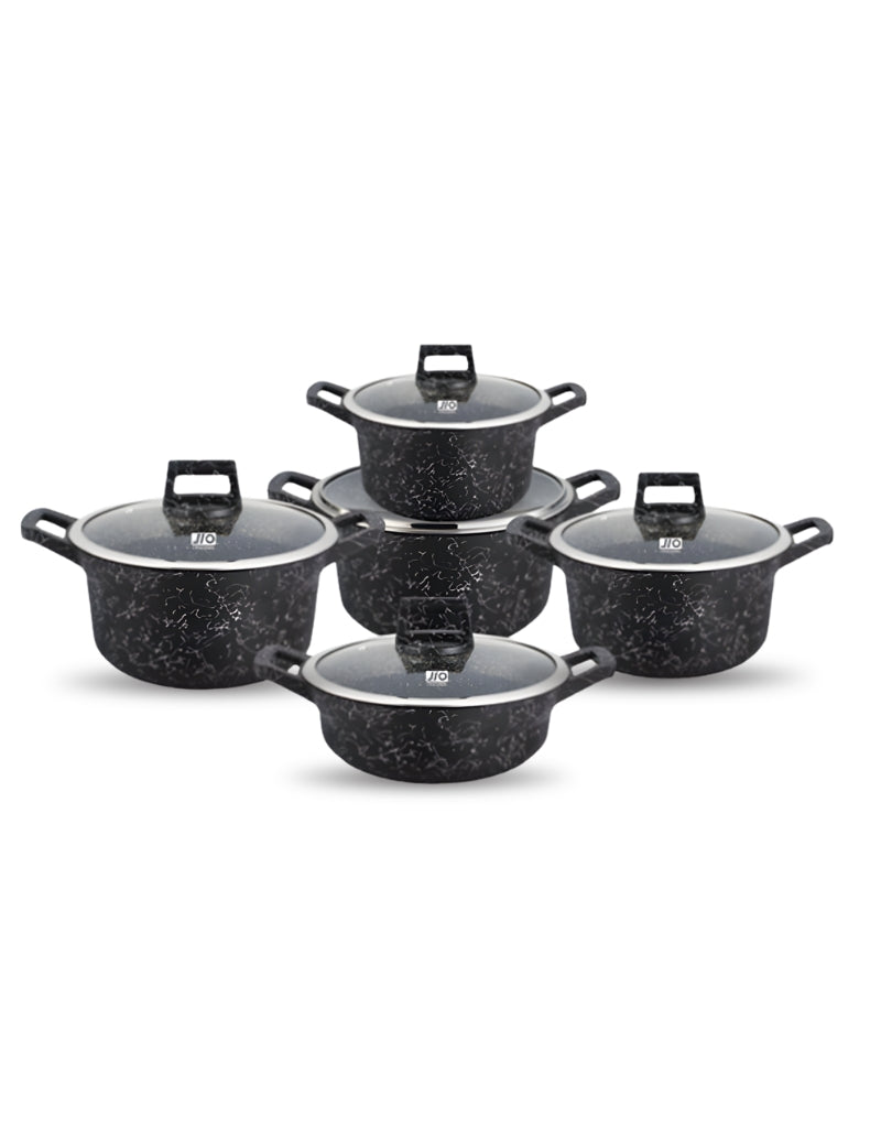 JIO 10 PCS Aluminum Non-stick Casseroles Cookware Set – complete black granite design with glass lids