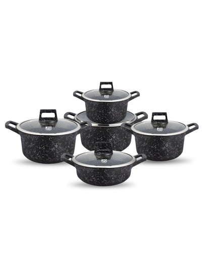 JIO 10 PCS Aluminum Non-stick Casseroles Cookware Set – complete black granite design with glass lids