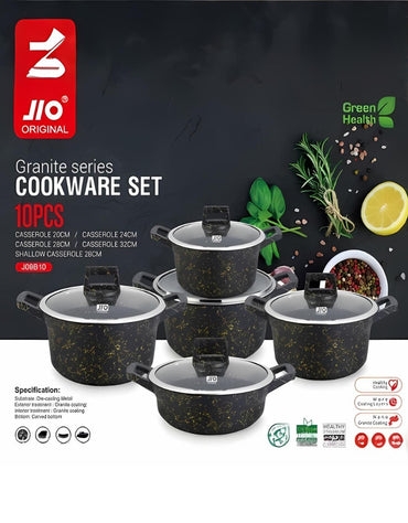 JIO Granite Series Cookware Set 10 PCS – product box showing sizes and specifications