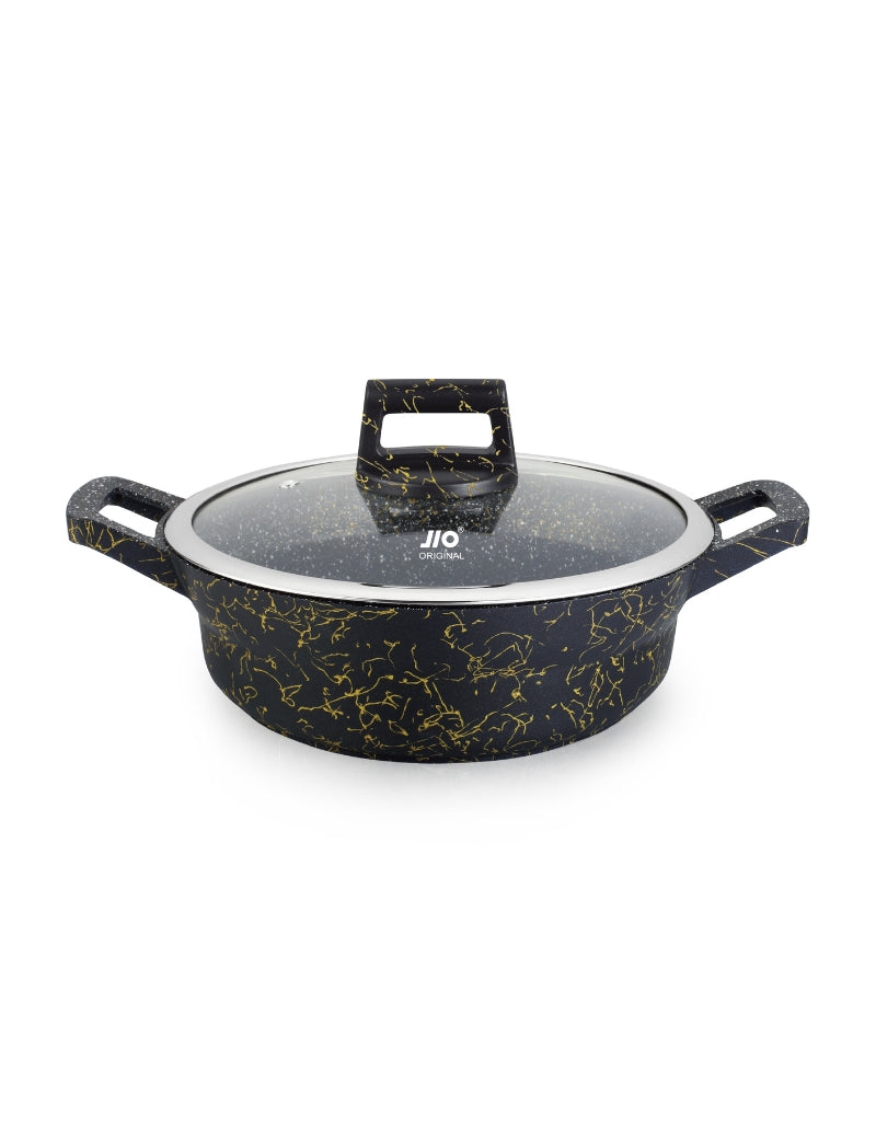 JIO shallow non-stick casserole with granite coating and transparent lid