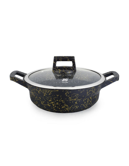 JIO shallow non-stick casserole with granite coating and transparent lid