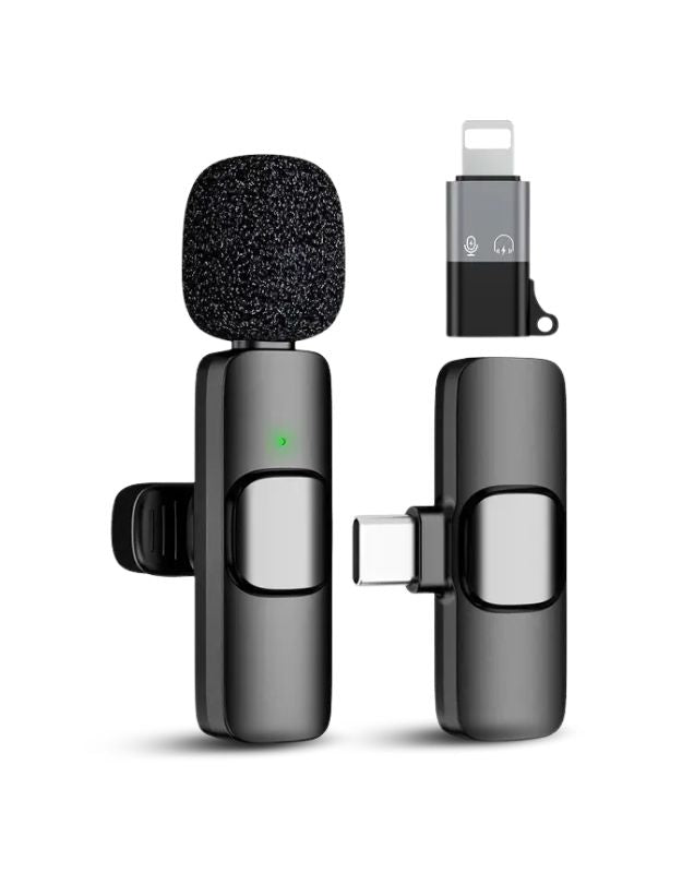 A compact wireless lavalier microphone with a USB-C connector for smartphones or tablets, displayed with its components separated, showing a mute button, a noise reduction chip, and a green indicator light.