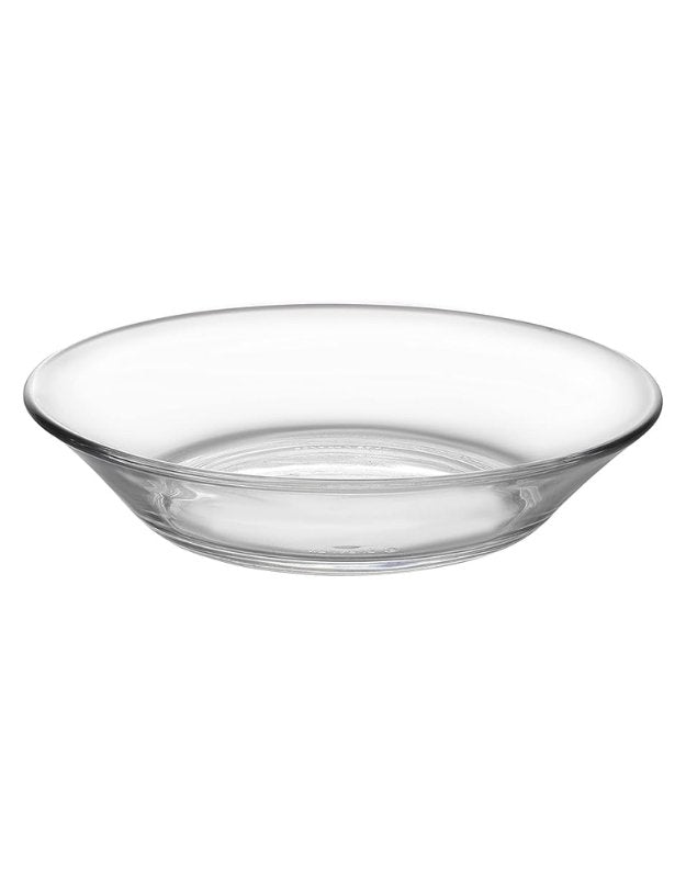 Empty transparent Kaveh Duralex cocktail plate on white background