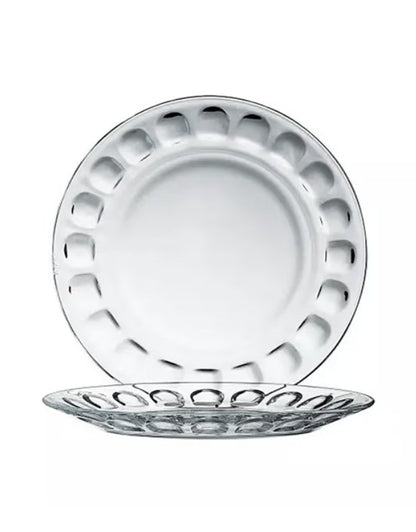 kaveh Morvarid glass platter with elegant embossed rim design, ideal for serving main dishes or appetizers.