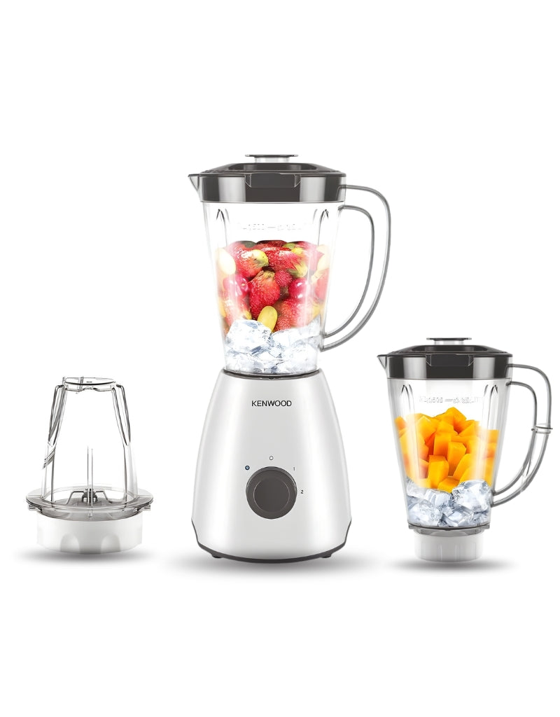 Kenwood 400W 2L juicer blender with grinder and chopper attachment, showing ice crushing and fruit blending capability